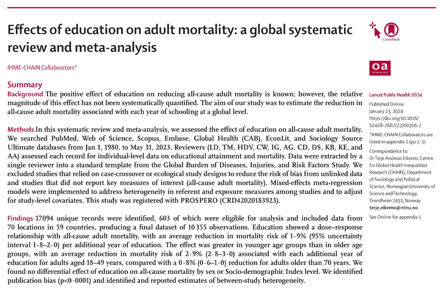 سطح تحصیلات پایین‌تر یک فاکتور خطر برای مرگ